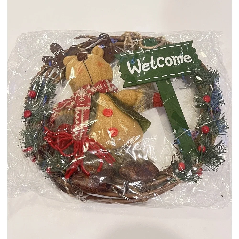 Rustic Grapevine Christmas Wreath Plush Reindeer Welcome LED Lighted Door Decor